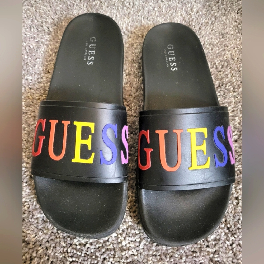 Guess Black Slides Slip On Sandals Rainbow Logo Letters Size 10M Women Clean